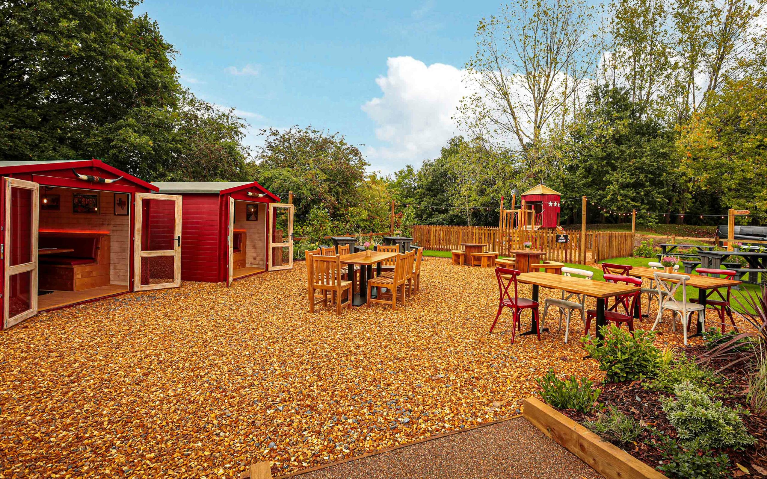 Hickory's Smokehouse Telford Outside Dinning Area with Huts and Childrens Play Area