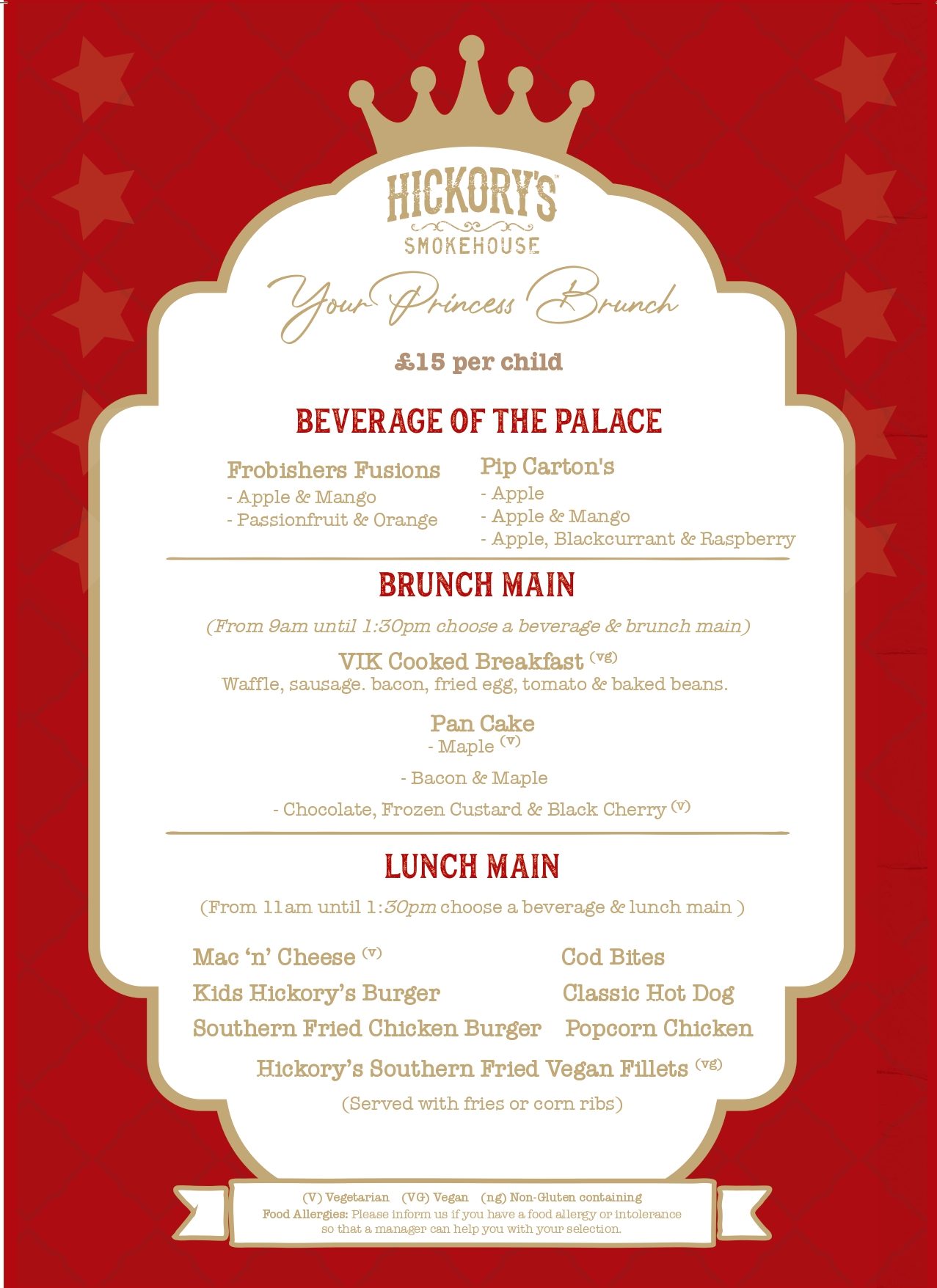 Hickory's Rhos On Sea Princess Brunch Menu